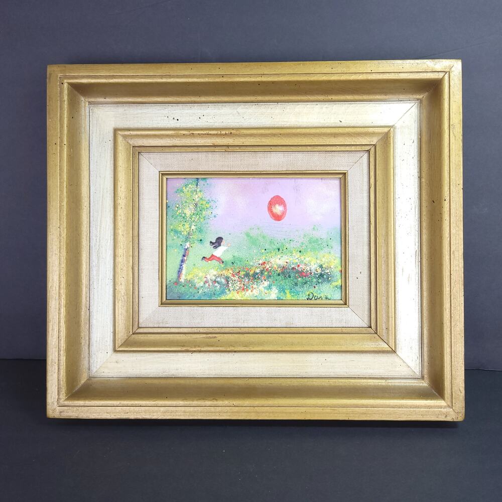 Vintage Framed Enamel on Copper Art Painting Child Flying Red Balloon 14.5x12.5"
